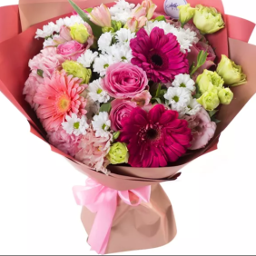 Kemer Flowers Pembe Gül Krizantem Gerbera Lisianthus Buket